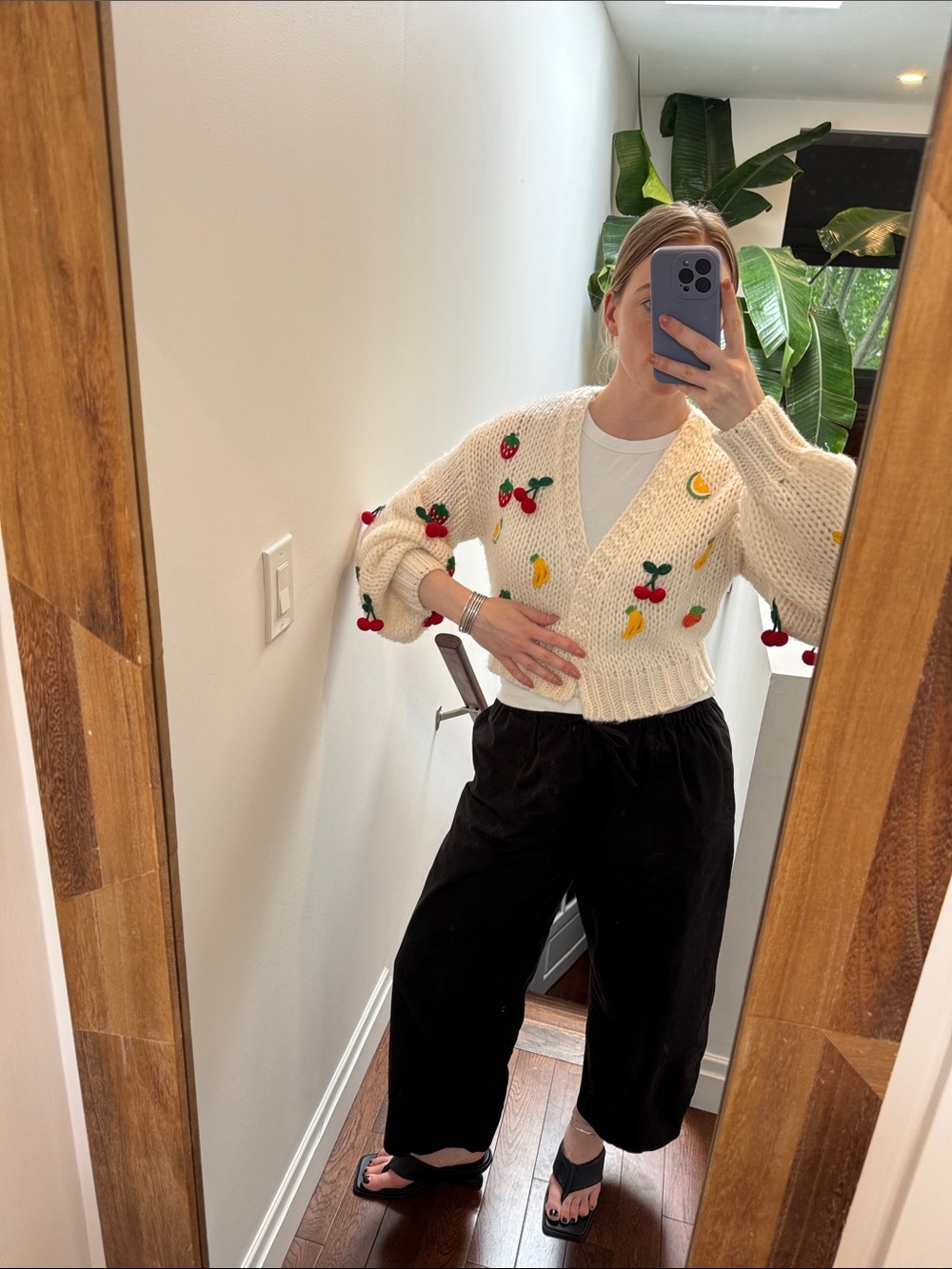John + Jenn Cream Cropped Cardigan with Fruit Embroidery